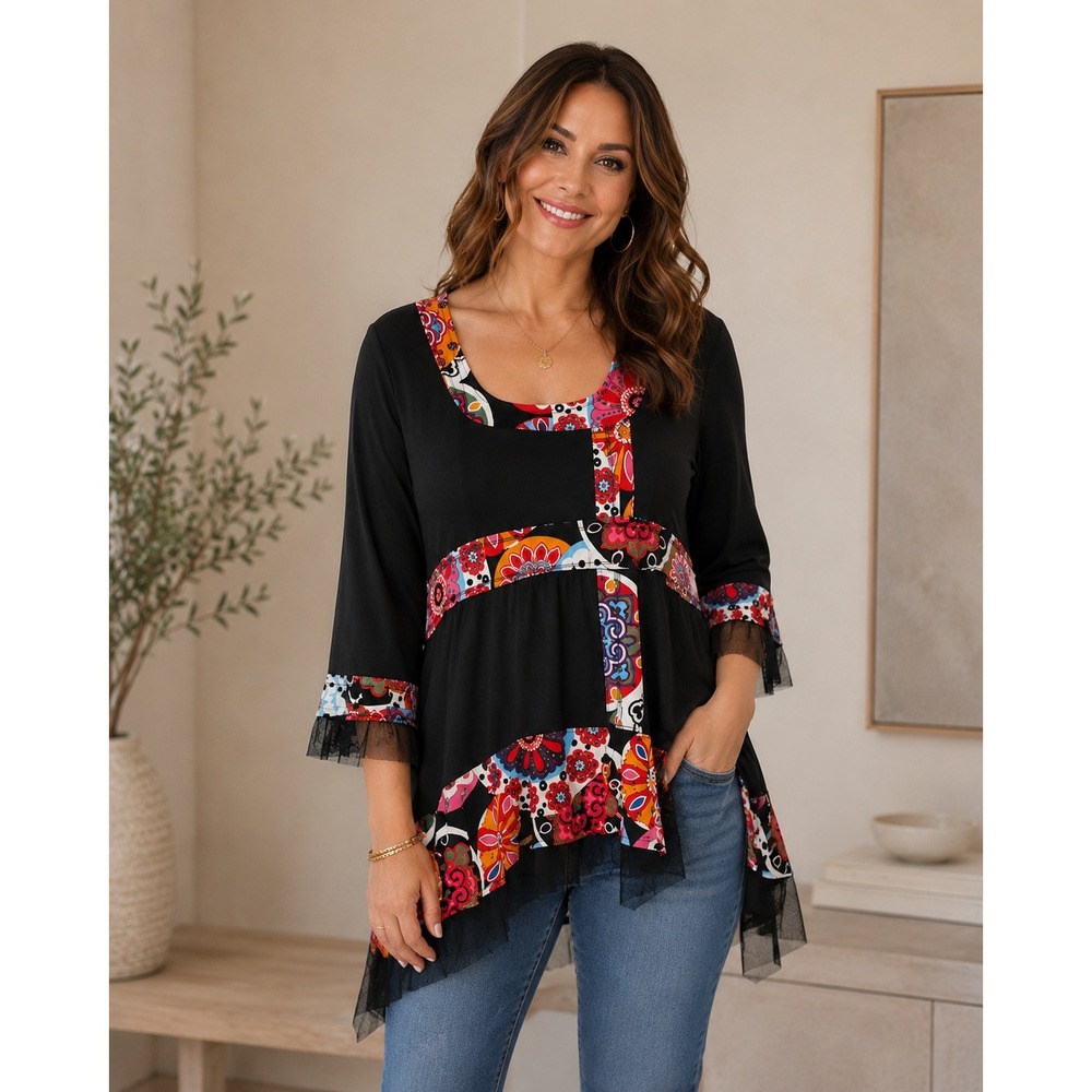 Vintage Michael Tyler Retro Tunic Blouse Women XL Black Colorful Floral Boho